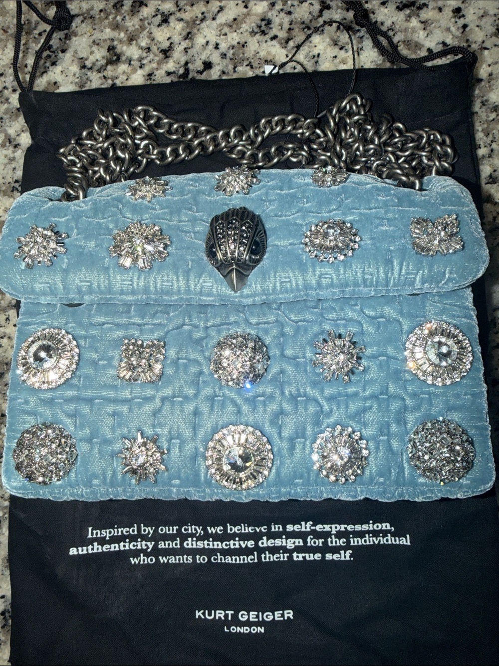 NWOT Kurt Geiger Pale Blue Velvet Jeweled Chain Clutch